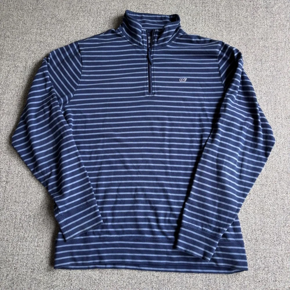 Vineyard Vines Pullover Mens Medium Quarter Zip Navy Blue Striped Cotton